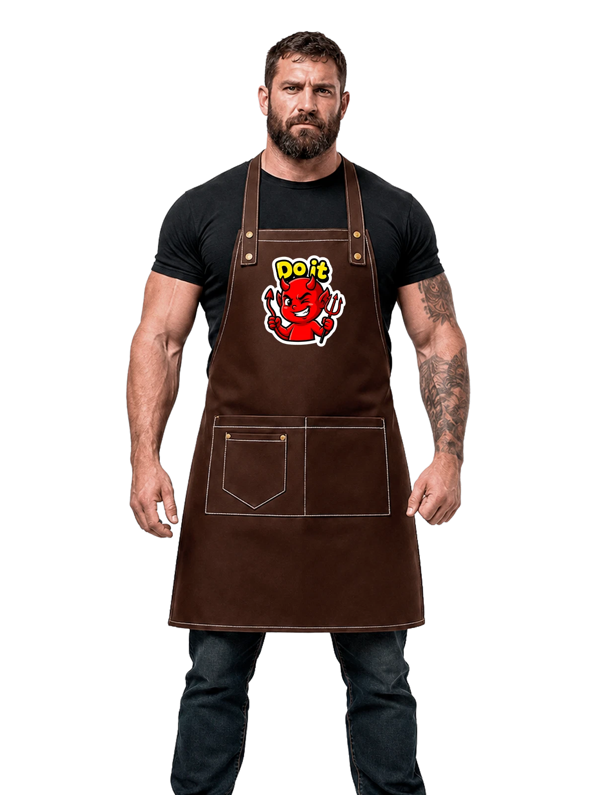 Фартук коричневый с принтом Красный чертенок с надписью Do it — смешной дьявол — Коричневый, фото 1