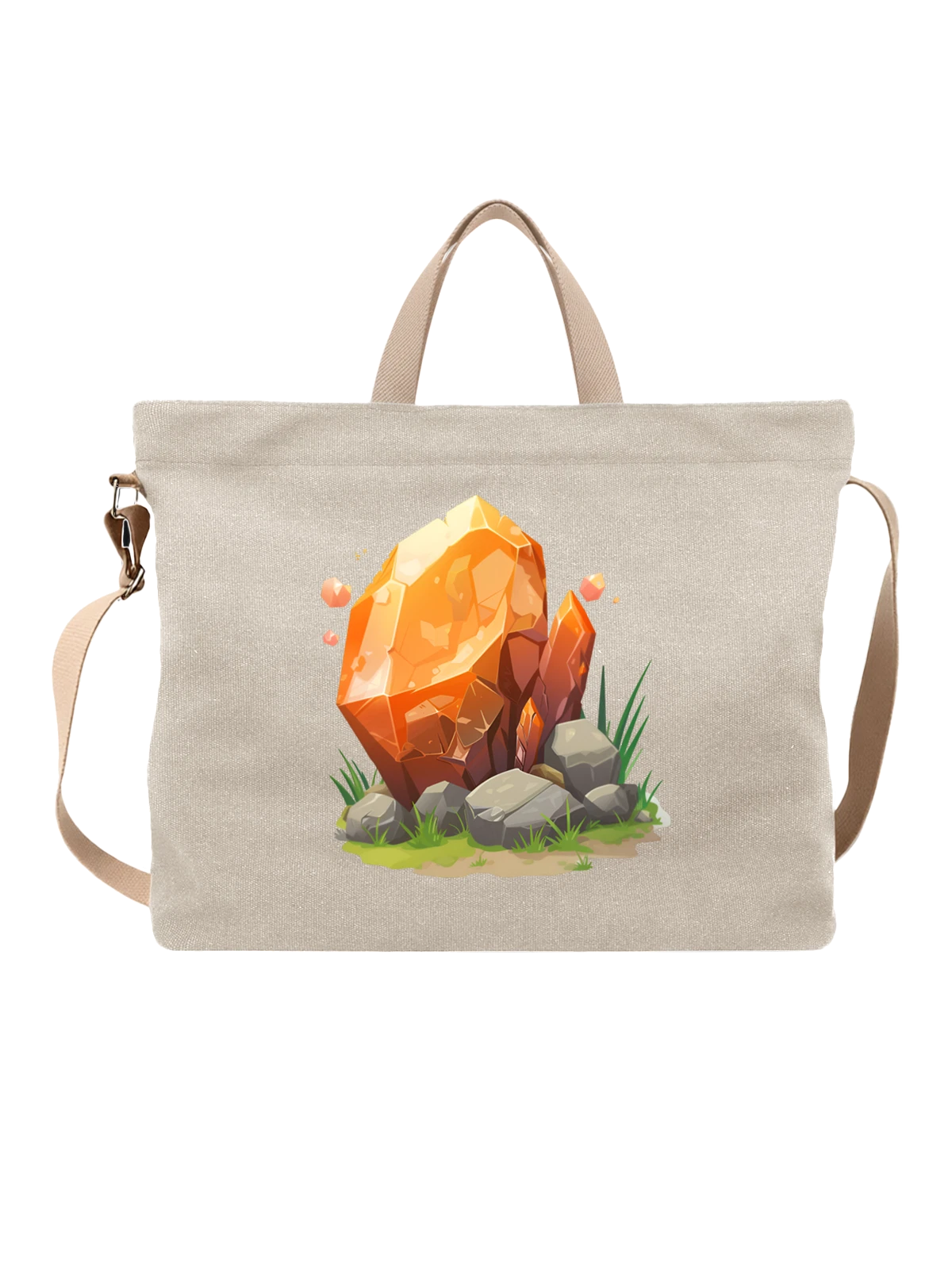 Сумка бежевая с принтом с оранжевым кристаллом среди камней — геология — Бежевая, фото 1