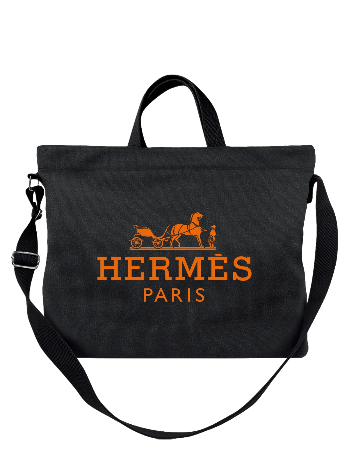 Сумка Hermes чёрная с принтом — одноцветный оранжевый принт — Чёрная, фото 1
