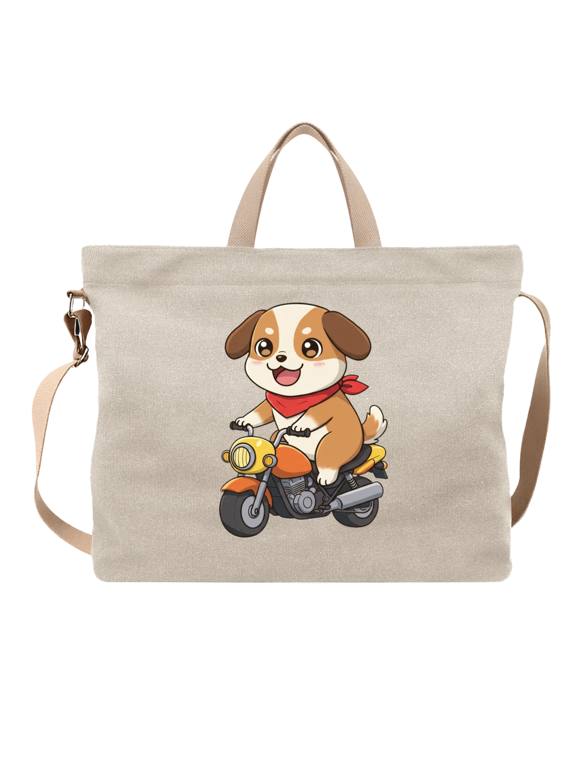Сумка бежевая с принтом Beagle puppy на мотоцикле с банданой — улыбающийся beagle puppy — Бежевая, фото 1