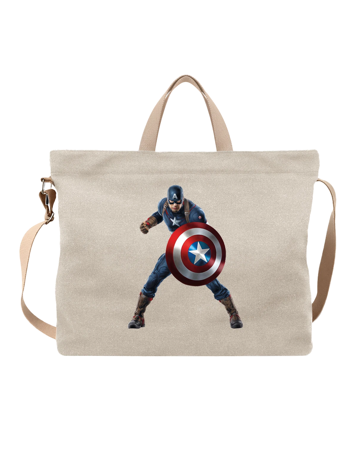 Сумка бежевая с принтом Капитан Америка с щитом Marvel герой — звезда — Бежевая, фото 1