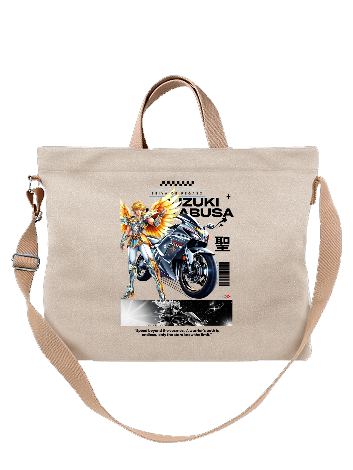Сумка бежевая с принтом Аниме воин в доспехах с Suzuki GSX — спортивный мотоцикл — Бежевая, фото 1