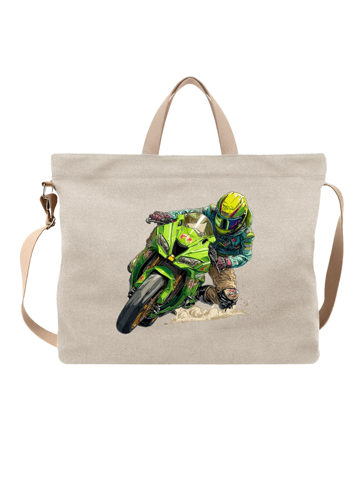 Сумка Мотогонщик на зеленом спортбайке Kawasaki белая с принтом — байкер — Белая, фото 1