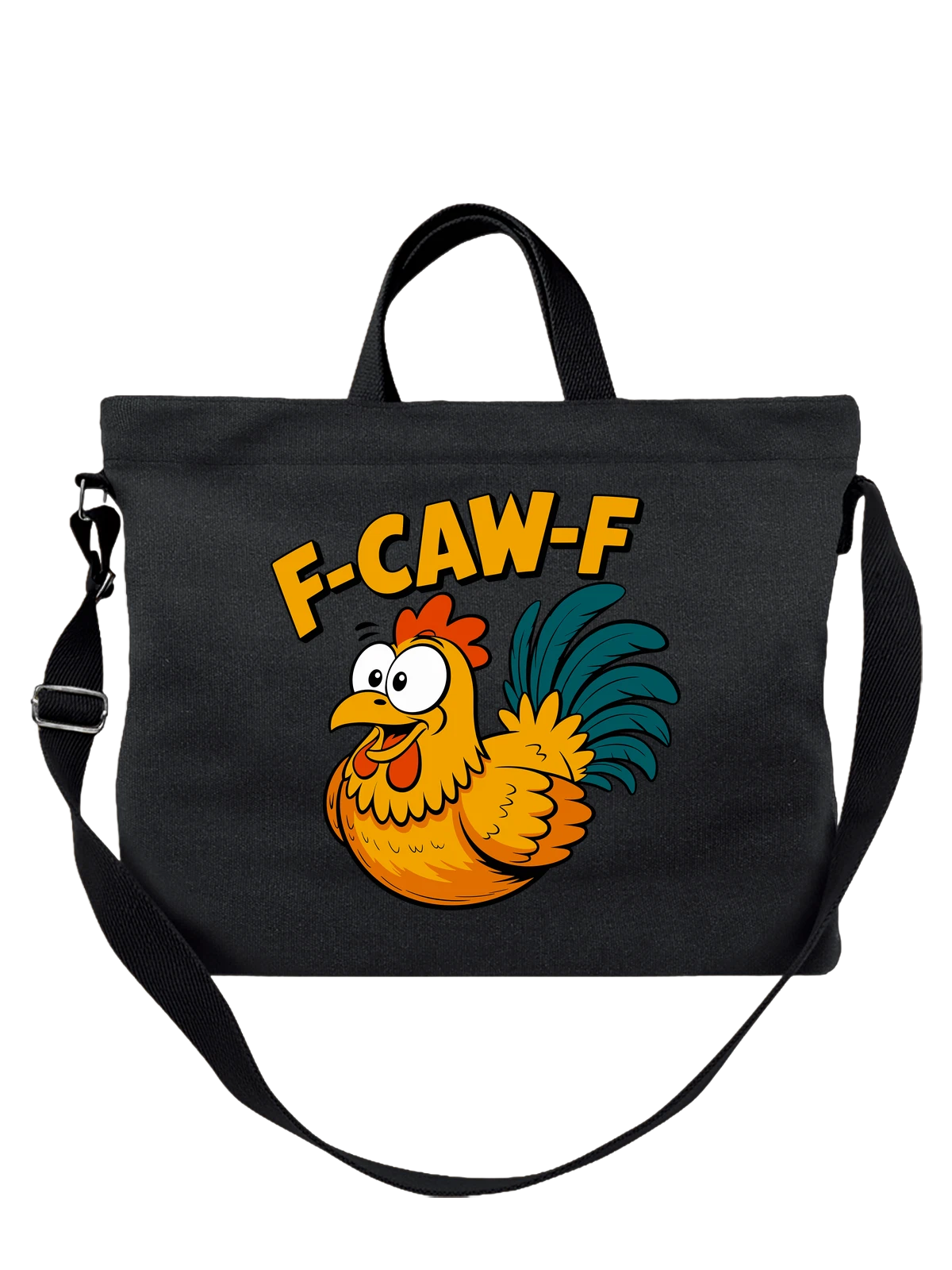 Сумка чёрная с принтом Мультяшный петух с надписью F-CAW-F — F-CAW-F — Чёрная, фото 1