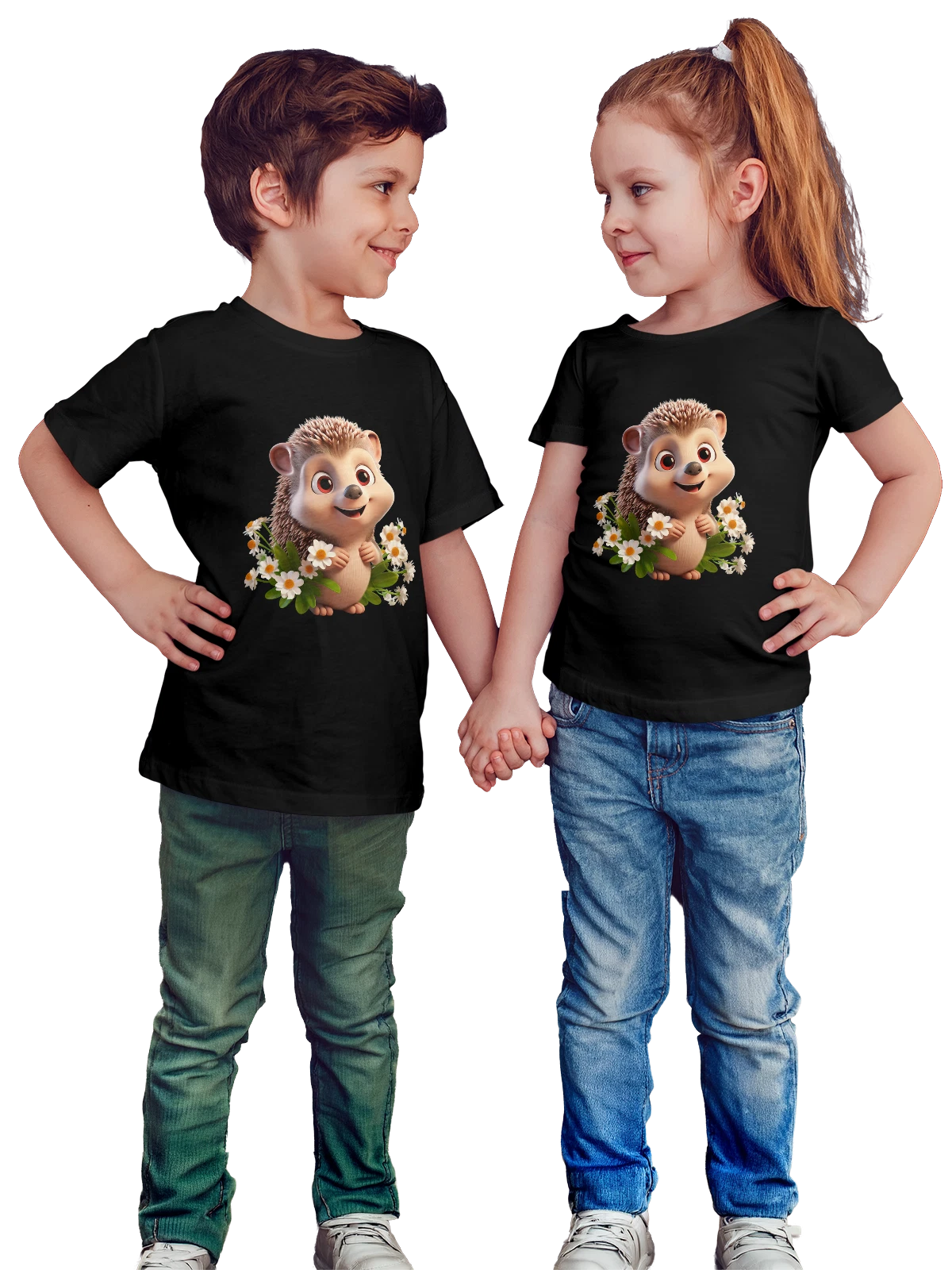 Футболка детская Милый ежик с ромашками чёрная с принтом — весенняя иллюстрация — Чёрная, фото 1