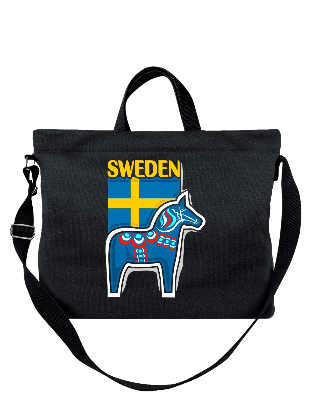 Сумка с флагом Швеции Sweden Лошадь чёрная с принтом — национальная символика — Чёрная, фото 1