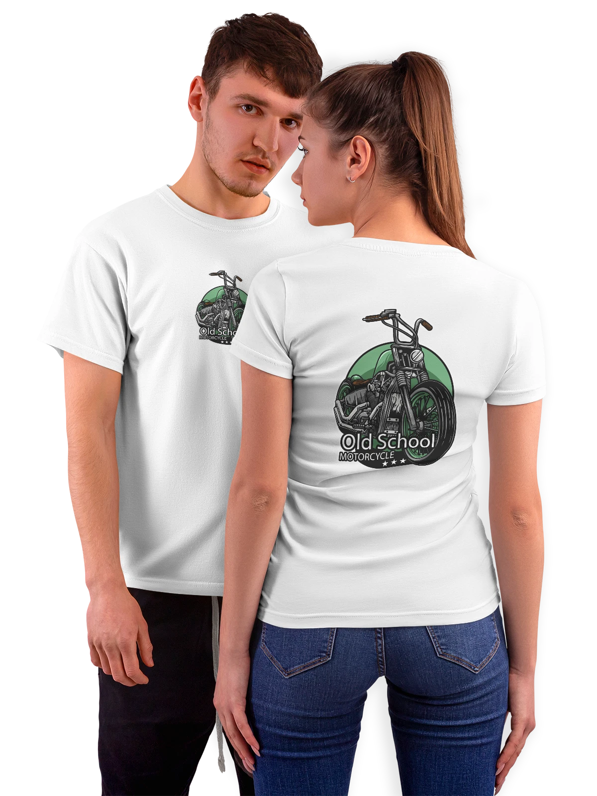 Футболка Винтажный мотоцикл Old School Motorcycle белая с принтом на спине — байкерский арт — Белая, фото 1