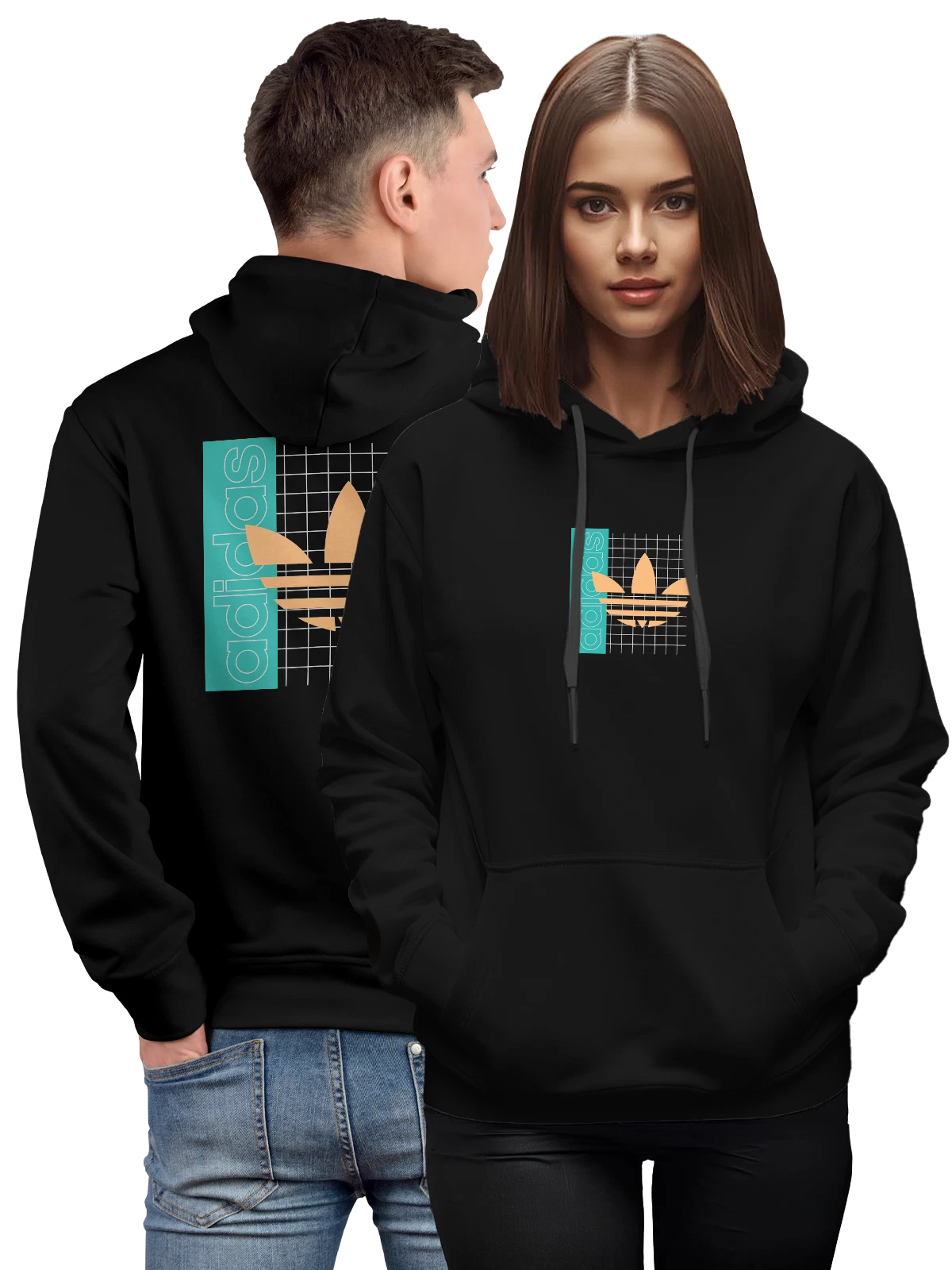 Худи Adidas с крупным логотипом бренда чёрное с принтом — геометрический знак — Чёрная, фото 1
