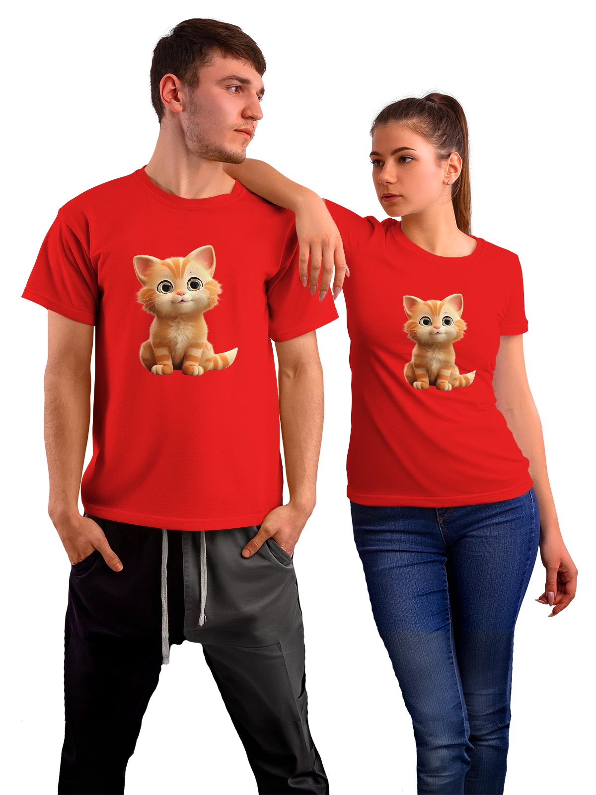 Футболка Рыжий полосатый котенок с большими глазами красная с принтом — большие глаза — Красная, фото 1