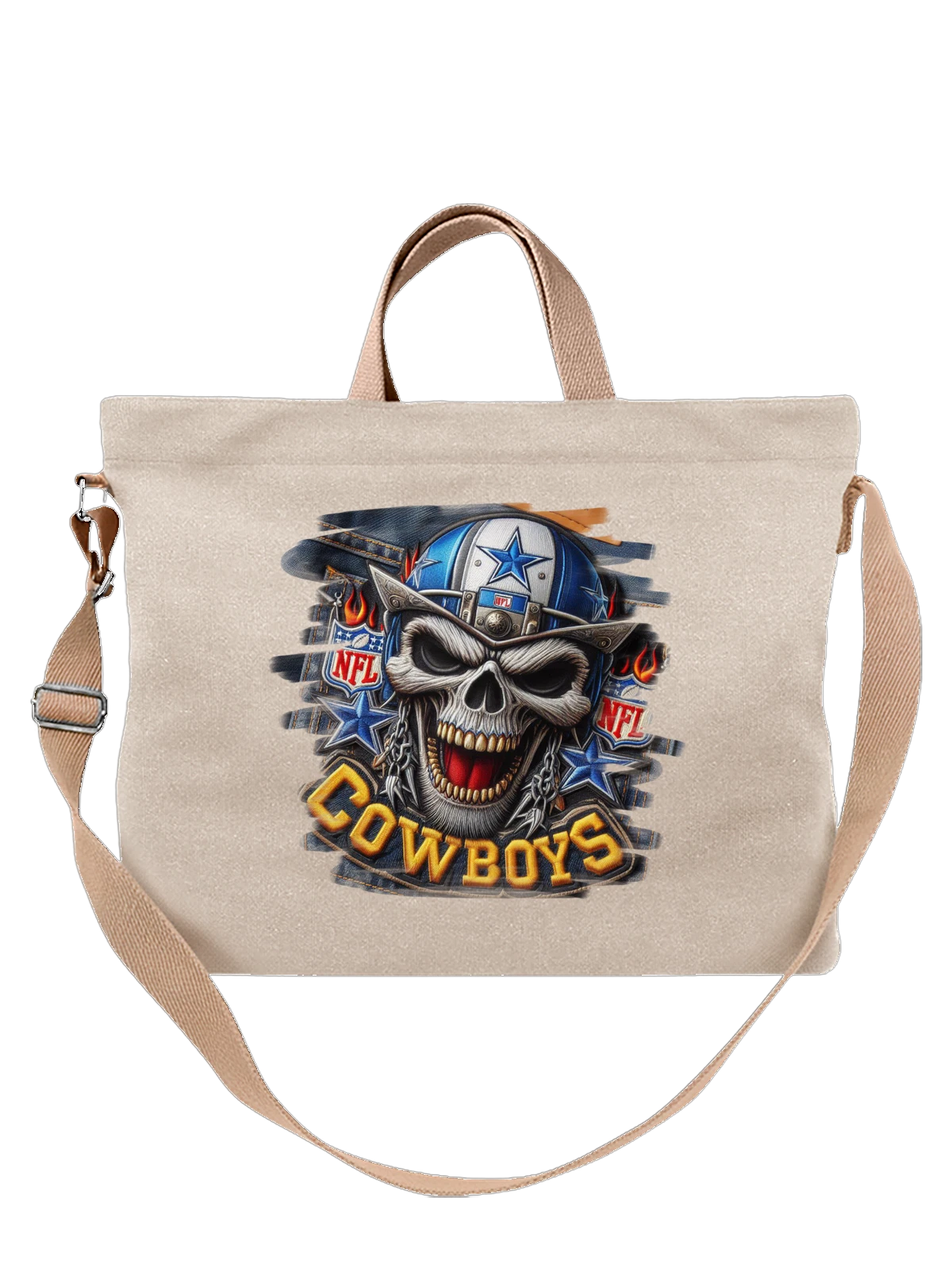 Сумка Dallas Cowboys skull в шляпе и огне белая с принтом — череп в стиле американского футбола — Белая, фото 1