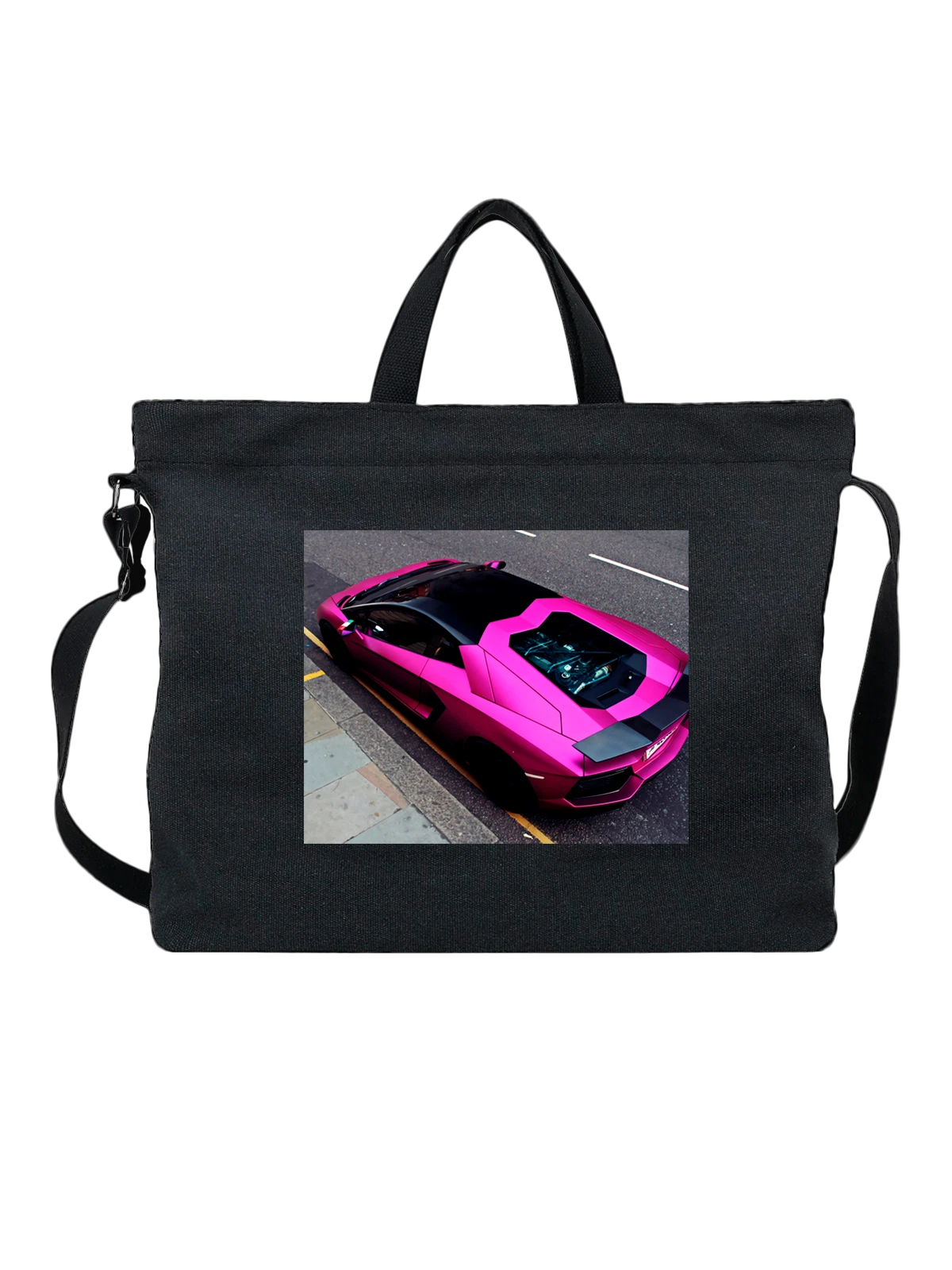 Сумка чёрная с принтом Машина Розовая lamborghini — мощный двигатель — Чёрная, фото 1