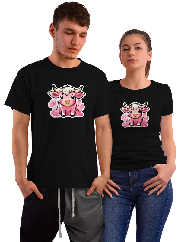 Футболка Розовая корова Pink Cow мультфильм милый — Чёрная, фото 1
