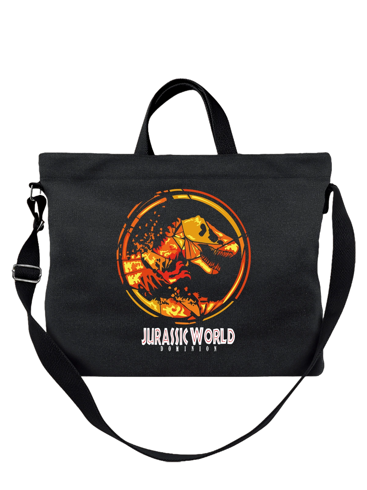 Сумка чёрная с принтом Jurassic World с тираннозавром rex — белый фон — Чёрная, фото 1