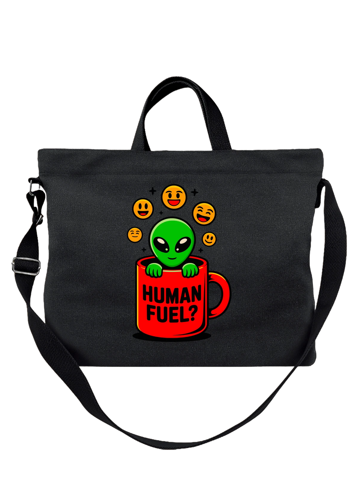 Сумка чёрная с принтом Зеленый пришелец в красной кружке HUMAN FUEL — Human Fuel — Чёрная, фото 1