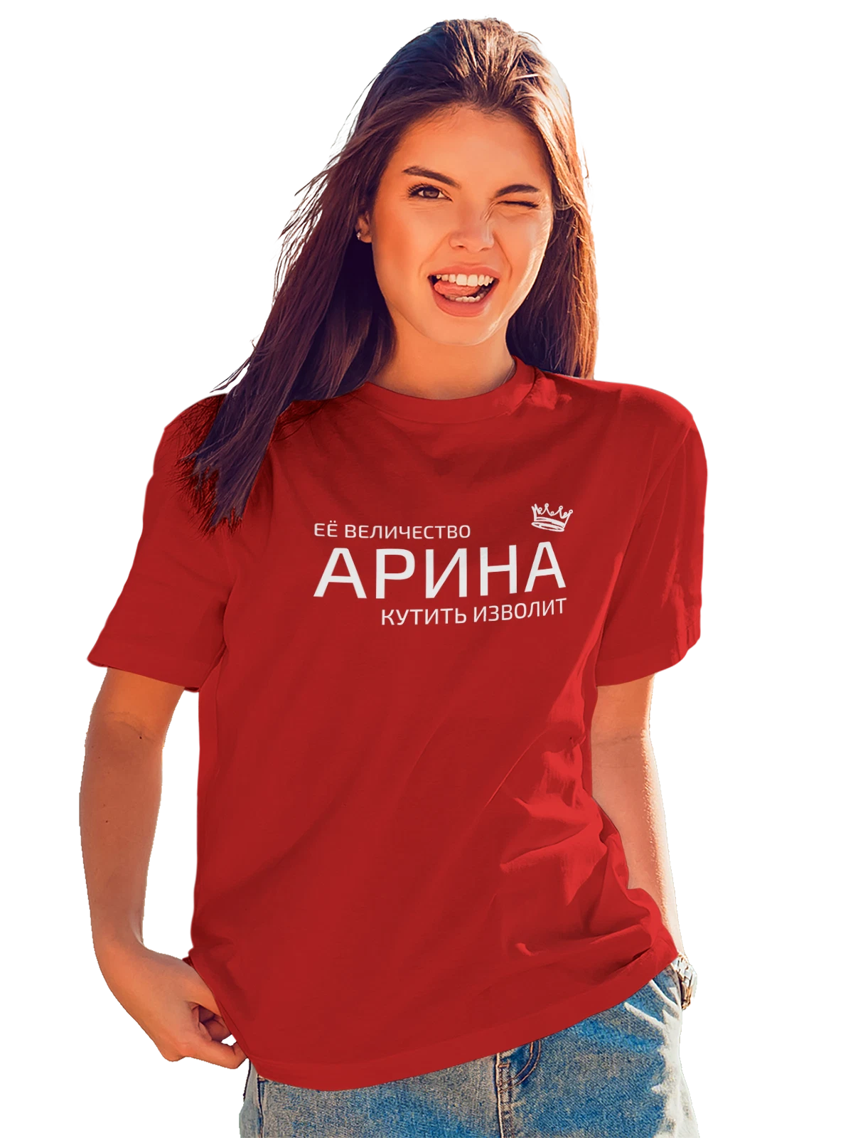 Футболка Имя Арина с короной красная с принтом — надпись с именем — Красная, фото 1