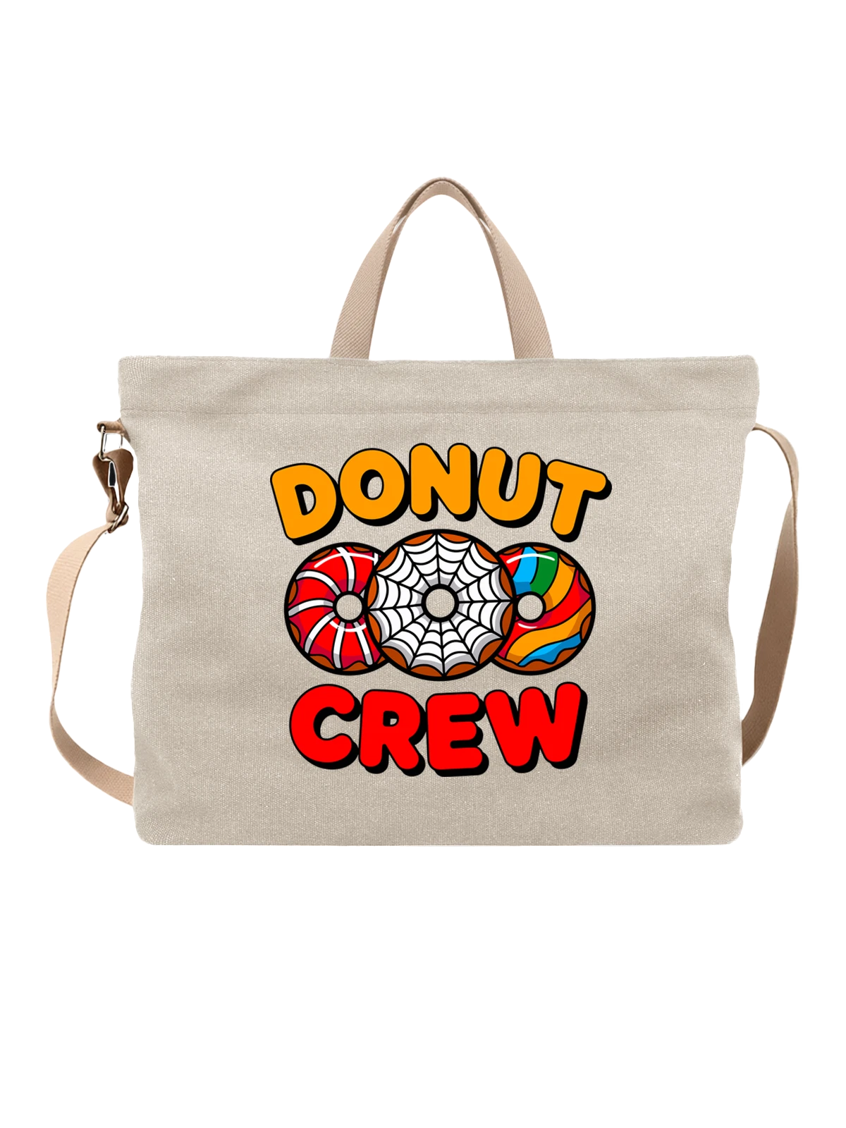 Сумка бежевая с принтом DONUT CREW с пончиками и паутиной — сахарная посыпка — Бежевая, фото 1