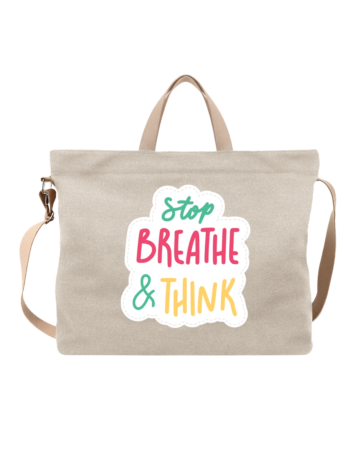 Сумка бежевая с принтом Stop Breathe and Think с надписью — медитация — Бежевая, фото 1