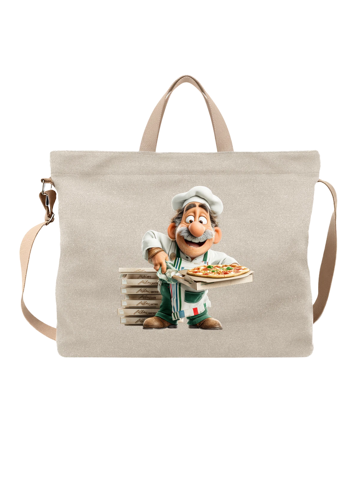 Сумка бежевая с принтом Повар-пиццайоло с пиццей и коробками — ресторан — Бежевая, фото 1