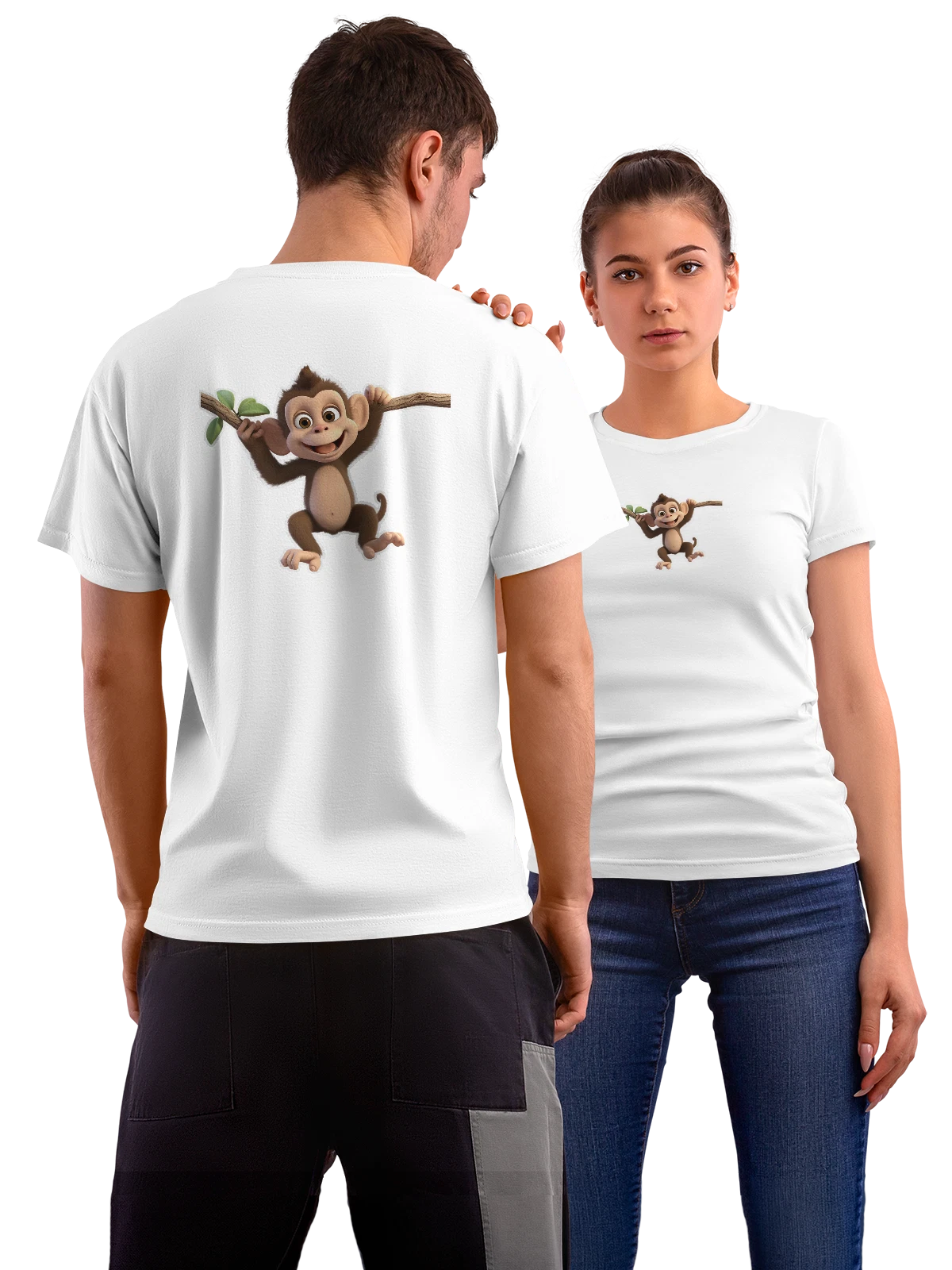 Футболка Веселая обезьянка с веткой и листьями белая с принтом на спине — зеленый лист — Белая, фото 1