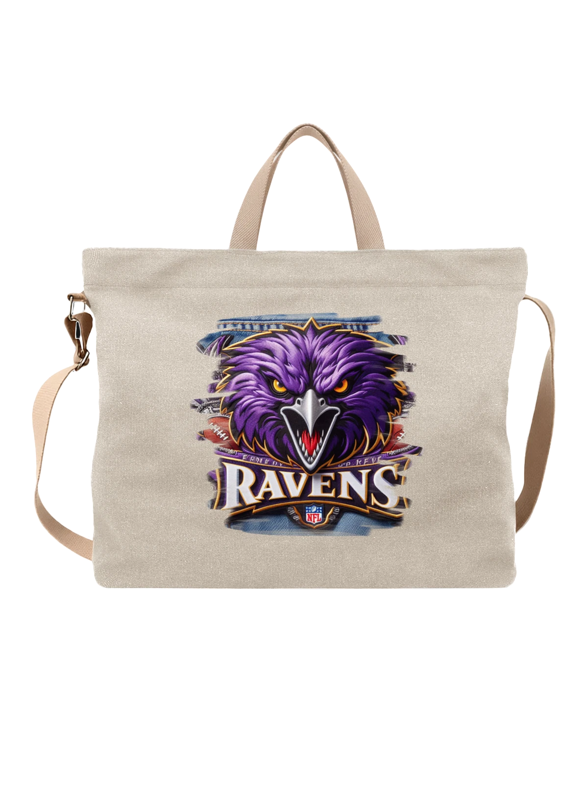 Сумка Ворон Baltimore Ravens NFL с фиолетовой эмблемой белая с принтом — футбольный логотип — Белая, фото 1