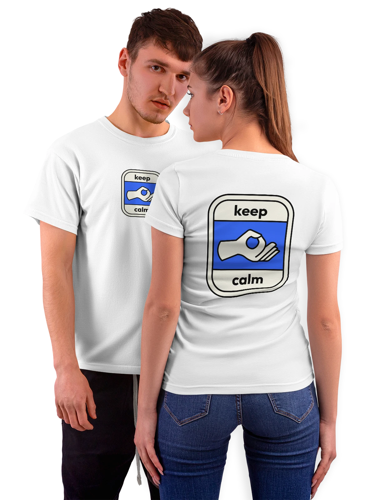 Футболка Keep calm жест руки OK синий знак белая с принтом на спине — ручной жест — Белая, фото 1
