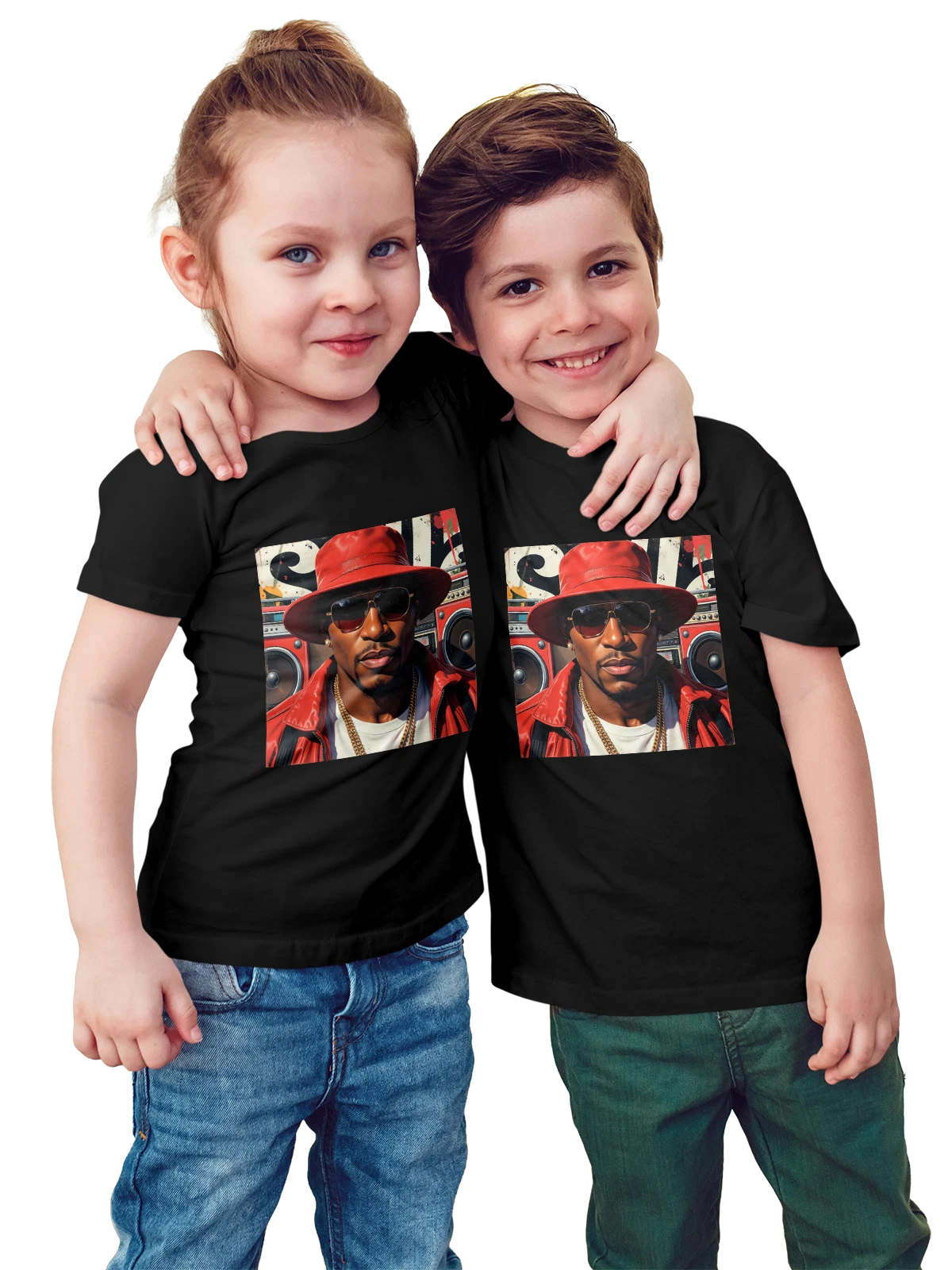Футболка детская Рэпер в красной шляпе у бумбокса чёрная с принтом — бумбокс — Чёрная, фото 1