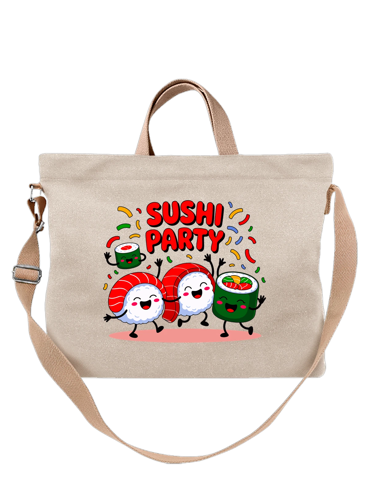 Сумка бежевая с принтом с kawaii sushi roll и веселыми роллами — cartoon — Бежевая, фото 1