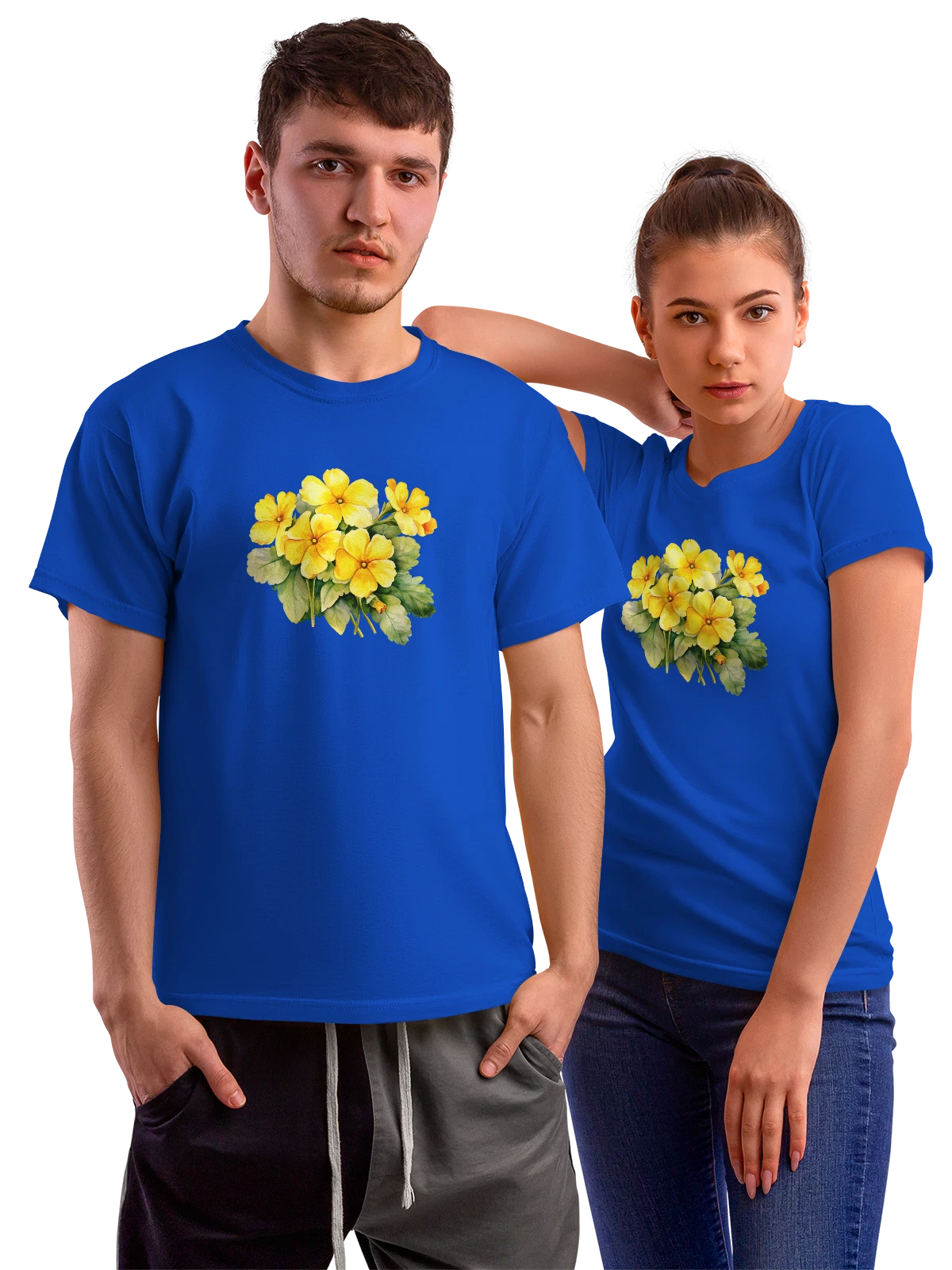 Футболка с букетом желтых анютиных глазок синяя с принтом — весенний сад — Синяя, фото 1