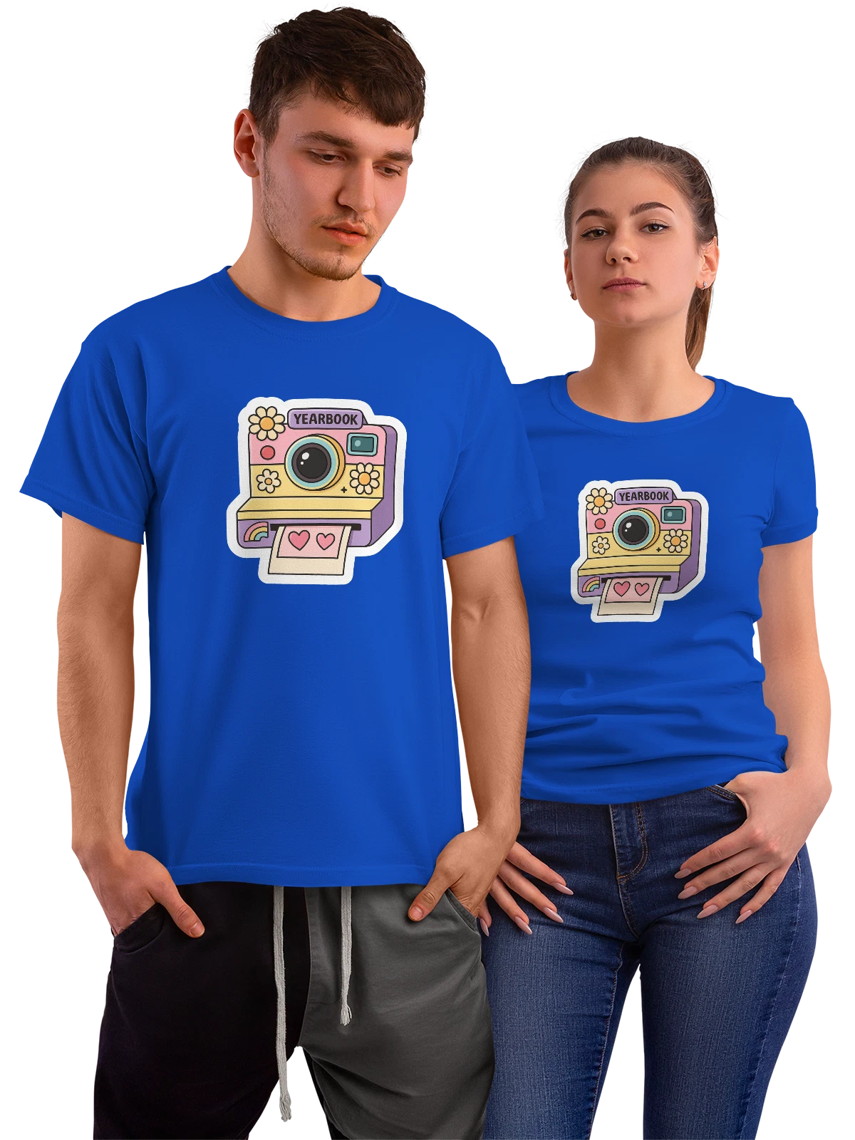 Футболка Instant camera yearbook с цветами синяя с принтом — сердца — Синяя, фото 1