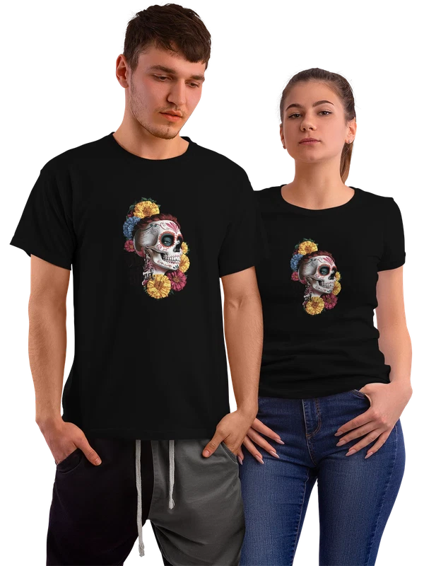 Футболка День Мертвых Sugar Skull с цветами и черепом — Чёрная, фото 1