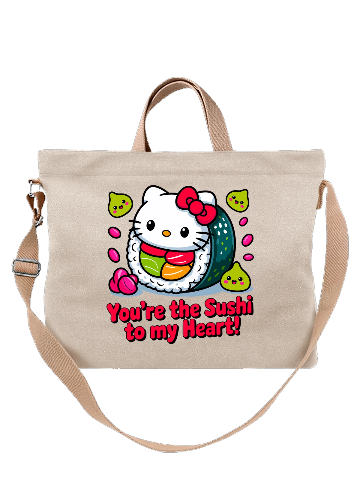 Сумка бежевая с принтом Hello Kitty с суши и сердцем — мультяшный персонаж — Бежевая, фото 1