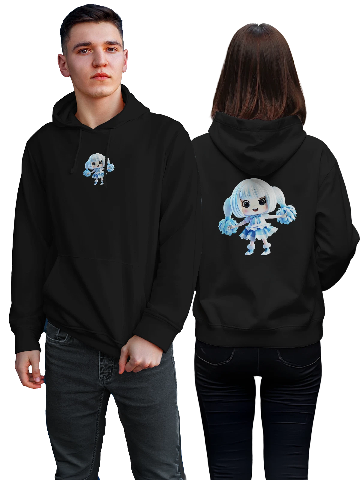 Худи Кукла чирлидерша с голубыми помпонами чёрное с принтом — юбка — Чёрная, фото 1