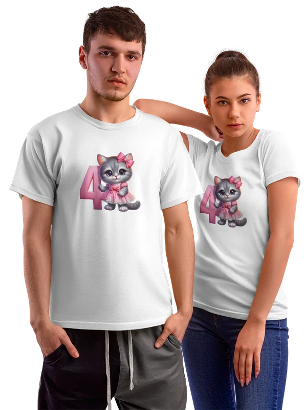 Футболка с кошкой цифра 4 — Белая, фото 1