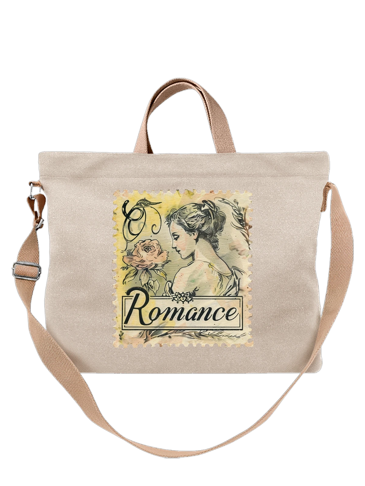 Сумка Девушка с розой и надписью Romance Vintage белая с принтом — ретро — Белая, фото 1