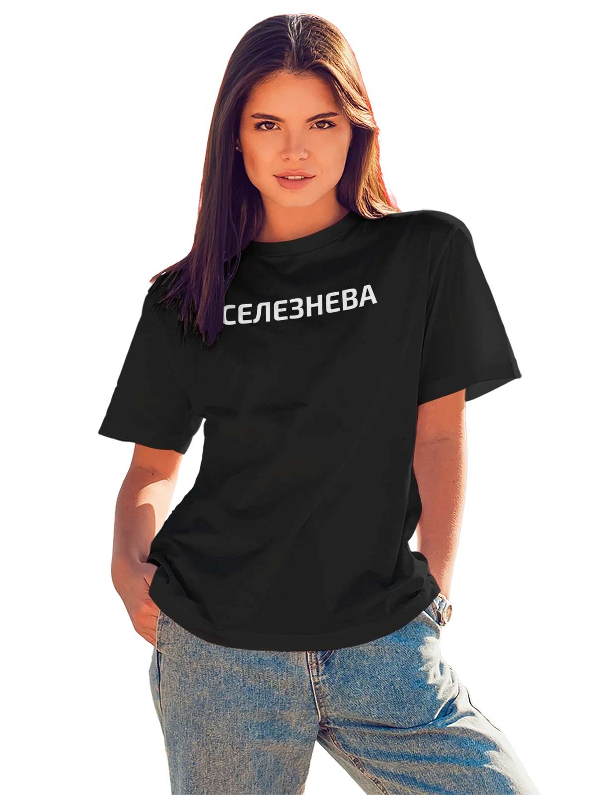 Футболка с фамилией Селезнева чёрная с принтом — индивидуальная надпись — Чёрная, фото 1