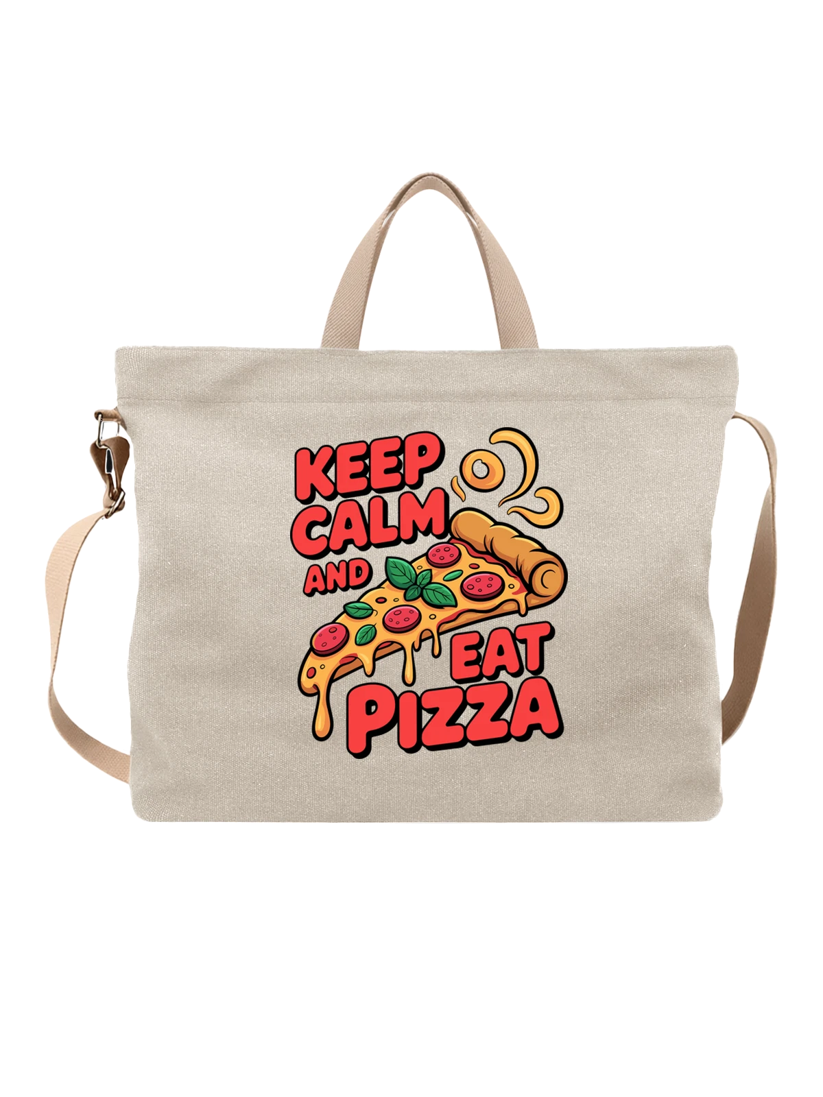 Сумка бежевая с принтом Пицца Keep Calm and Eat Pizza среди листьев — итальянская еда — Бежевая, фото 1