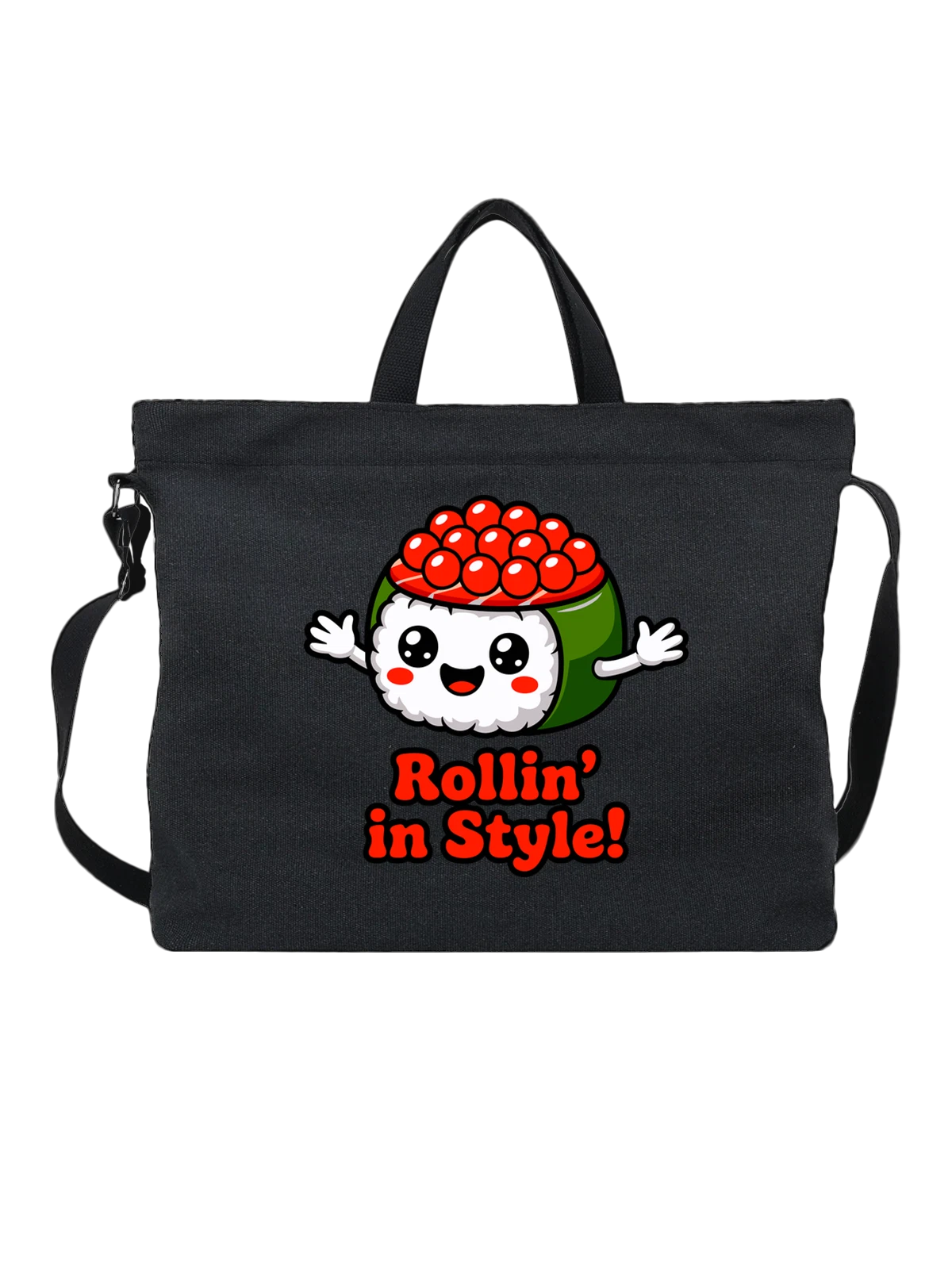 Сумка чёрная с принтом Ролл с икрой Rollin in Style — красная икра — Чёрная, фото 1