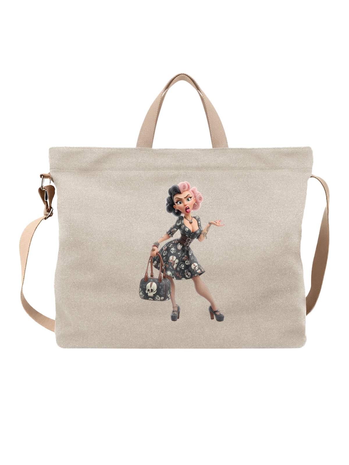 Сумка бежевая с принтом Gothic doll в платье с черепами — handbag — Бежевая, фото 1
