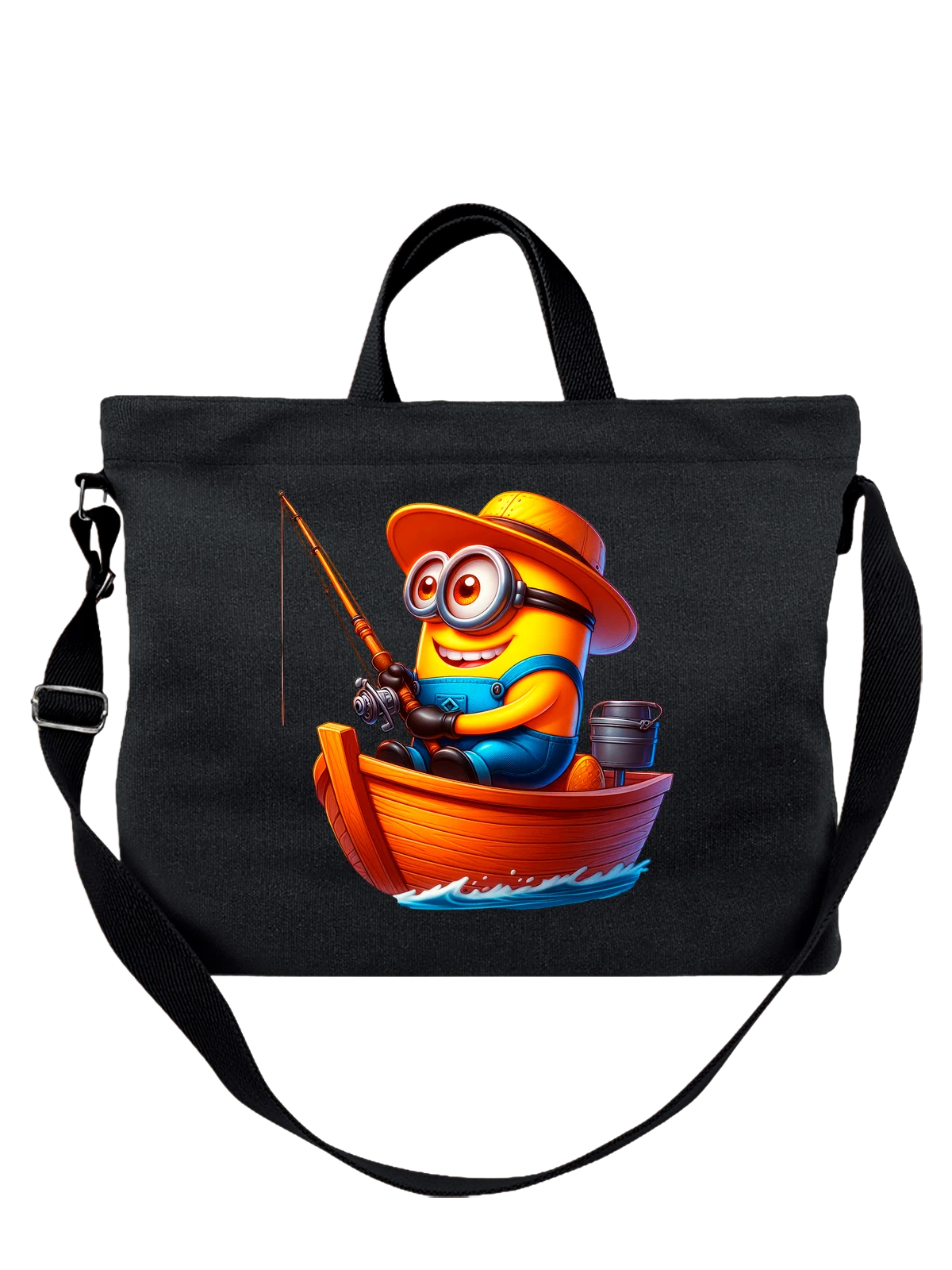 Сумка с Миньоном рыбаком Minion чёрная с принтом — подарок любителю моря — Чёрная, фото 1