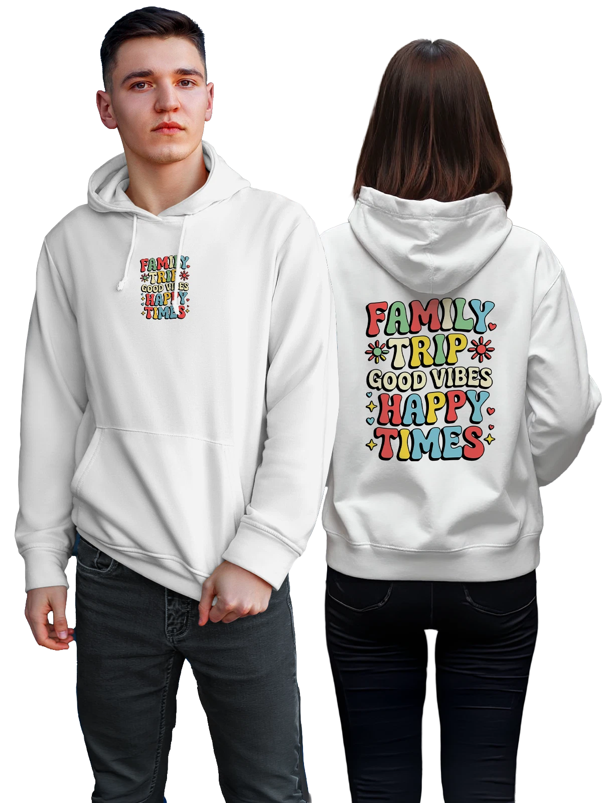 Худи Family Trip Good Vibes Happy Times белое с принтом — сердечки — Белая, фото 1