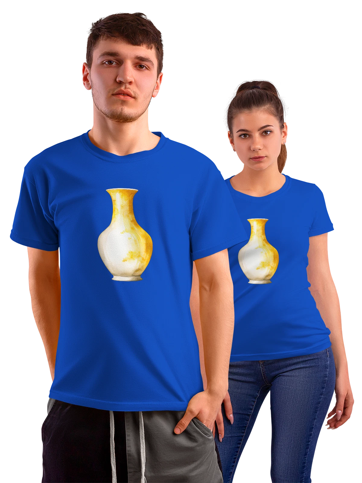 Футболка Золотая акварельная ваза на белом фоне синяя с принтом — минимализм — Синяя, фото 1