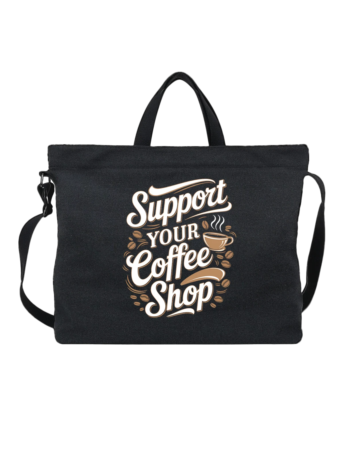 Сумка чёрная с принтом Кофейный магазин с чашкой и надписью Support Your — кофейный знак — Чёрная, фото 1