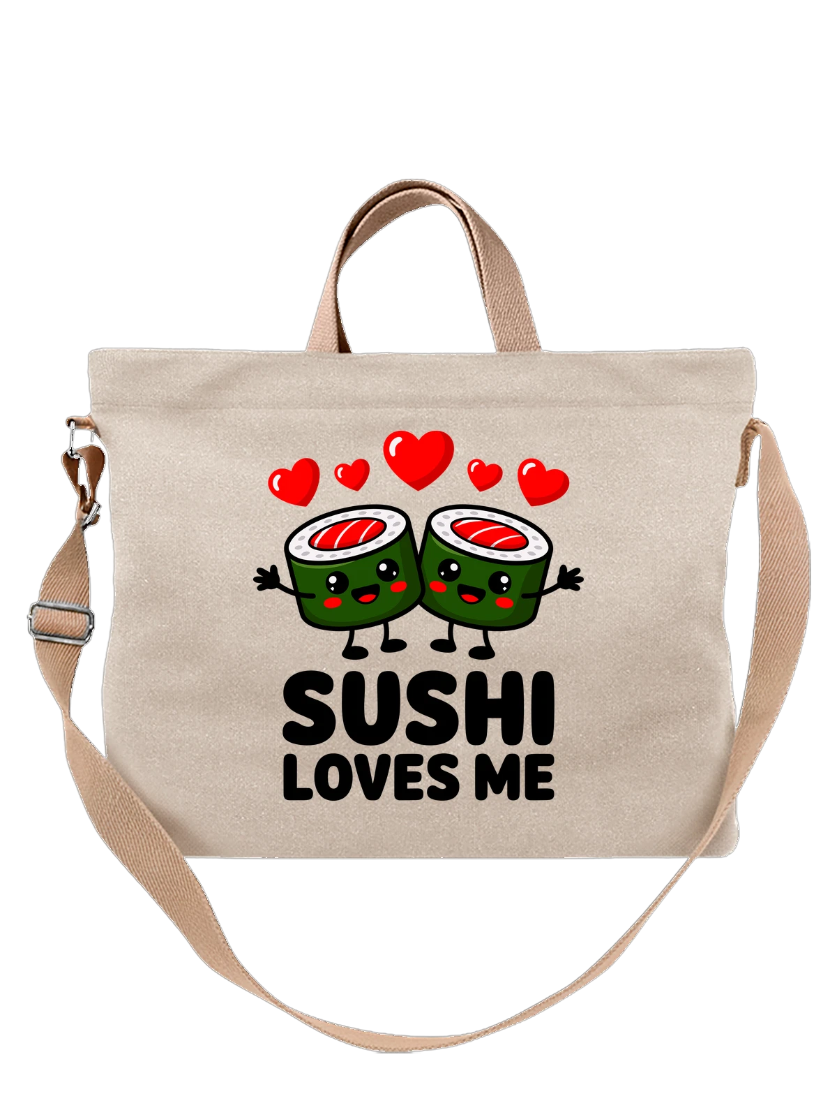 Сумка бежевая с принтом Маки суши с сердечками kawaii — happy sushi — Бежевая, фото 1