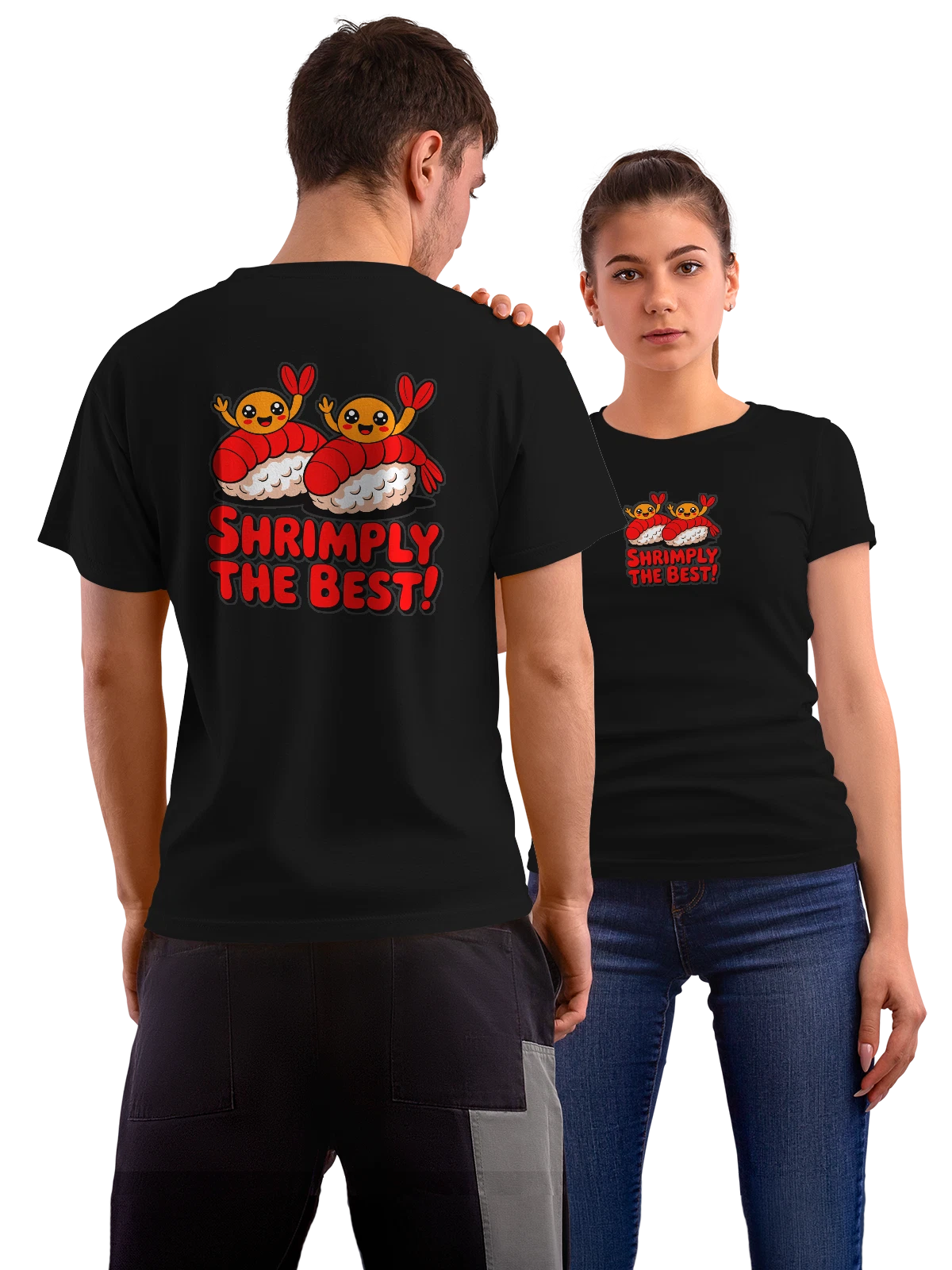 Футболка Две креветки с надписью Shrimply The Best чёрная с принтом на спине — shrimp — Чёрная, фото 1