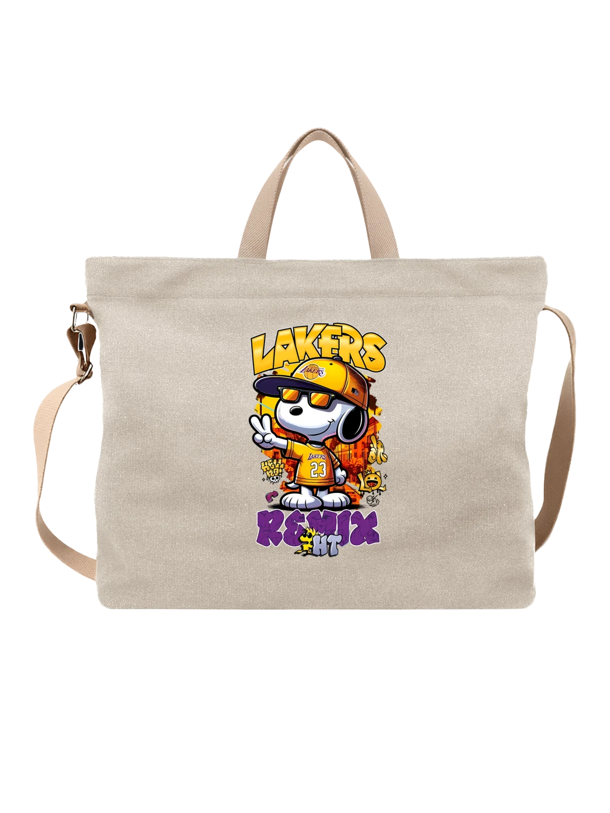 Сумка бежевая с принтом Снупи в кепке и майке Los Angeles Lakers — спортивный персонаж — Бежевая, фото 1