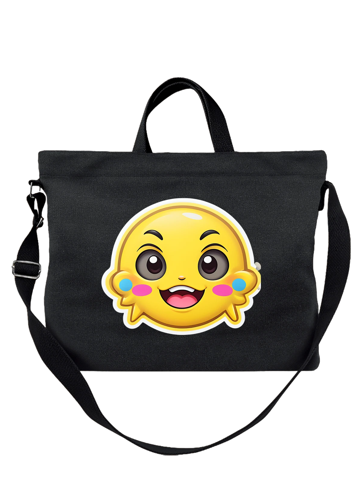 Сумка чёрная с принтом Смайлик с улыбкой и розовыми щеками emoji — веселый — Чёрная, фото 1