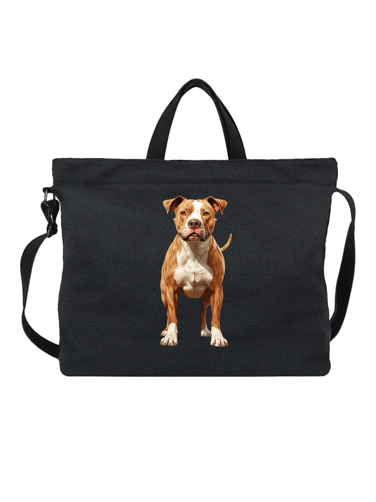 Сумка чёрная с принтом American pit bull terrier, коричнево-белый — короткая шерсть — Чёрная, фото 1