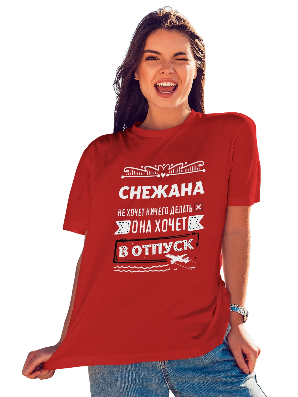 Футболка с именем Снежана красная с принтом — подарок женщине по имени Снежана — Красная, фото 1