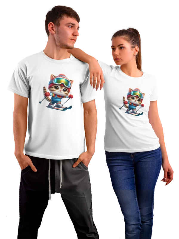 Футболка с котенком лыжником — Белая, фото 1