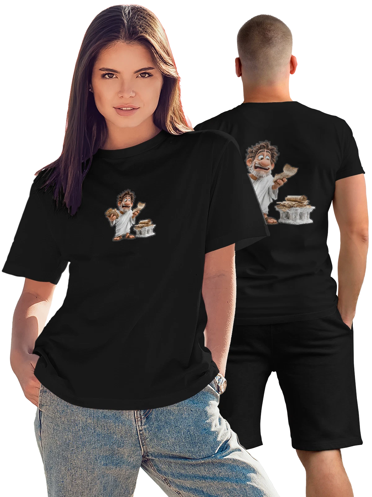 Футболка Древний философ с камнем и свитком чёрная с принтом на спине — свиток — Чёрная, фото 1